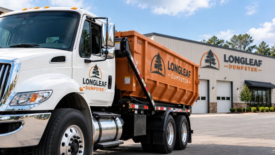 Longleaf Dumpster roll-off truck carrying an orange roll-off dumpster